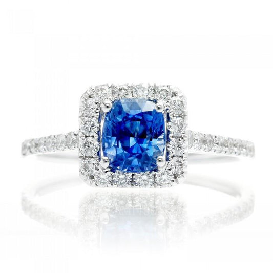 1.75 Ct Blue Cushion Cut Ceylon Sapphire With Diamond Wedding Ring
