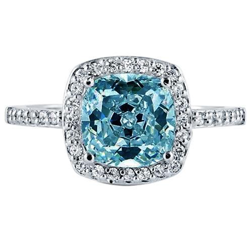 1.91 Carats Blue Cushion Halo Center Gemstone Ring White Gold 14K