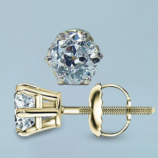2 Carats Old Miner Round Diamond Stud Women Earring Yellow Gold