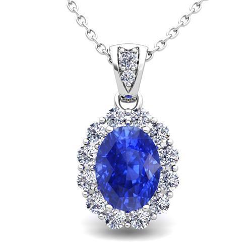 2 Carats Oval Cut Sri Lankan Sapphire Diamond Pendant White Gold 14K