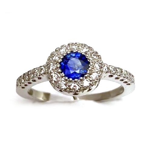 2 Carats Round Blue Ceylon Sapphire Diamond Ring White Gold 14K