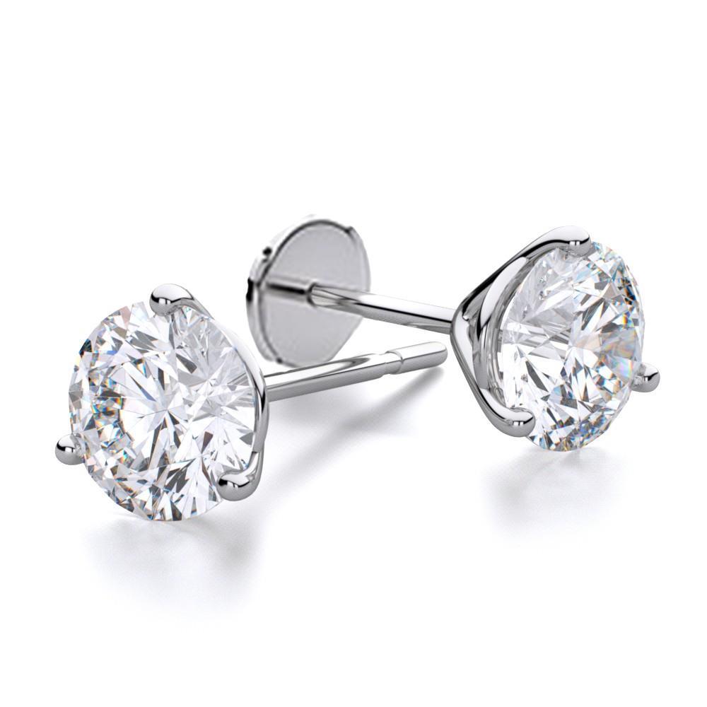 2 Carats Three Prong Set Round Cut Diamonds Stud Earrings