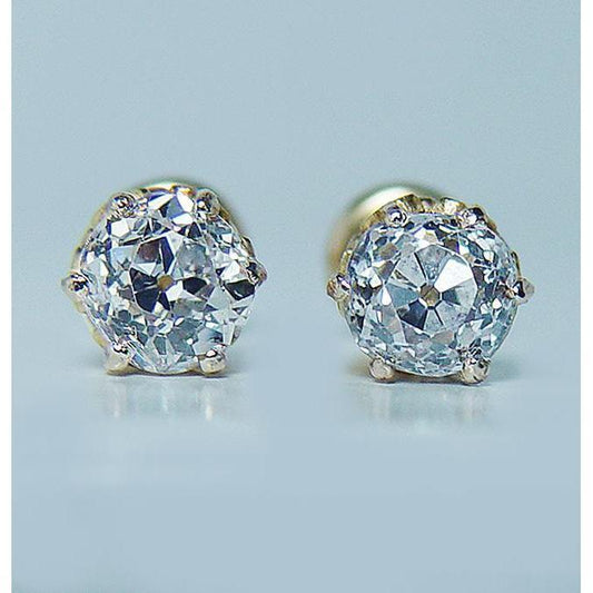 2 Carats Old Miner Round Diamond Stud Women Earring Yellow Gold