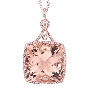 21.25 Ct Big Morganite With Round Diamonds Pendant Gold Rose 14K