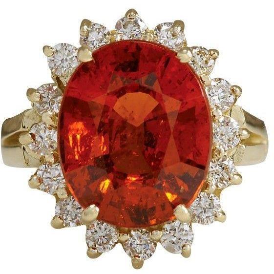 22.50 Carats Mandarin Garnet With Diamonds Ring Yellow Gold 14K New