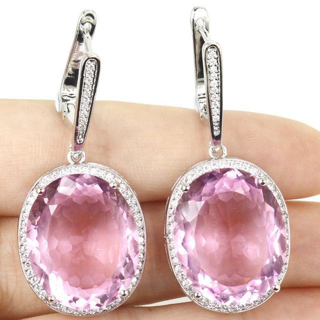 25.00 Ct Prong Set Kunzite And Diamonds Dangle Earrings White Gold 14K