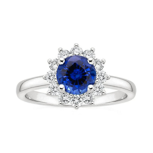 2.20 Carats Round Ceylon Sapphire Ring Diamond Jewelry Gold White 14K