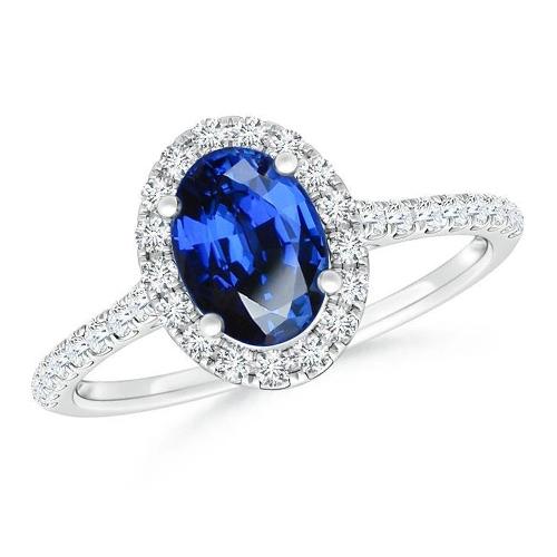2.25 Carats Oval Blue Sapphire And Diamond Wedding Ring White Gold 14K
