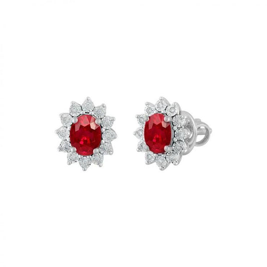 2.50 Carats Oval Cut Ruby Diamond Halo Stud Earring 14K White Gold