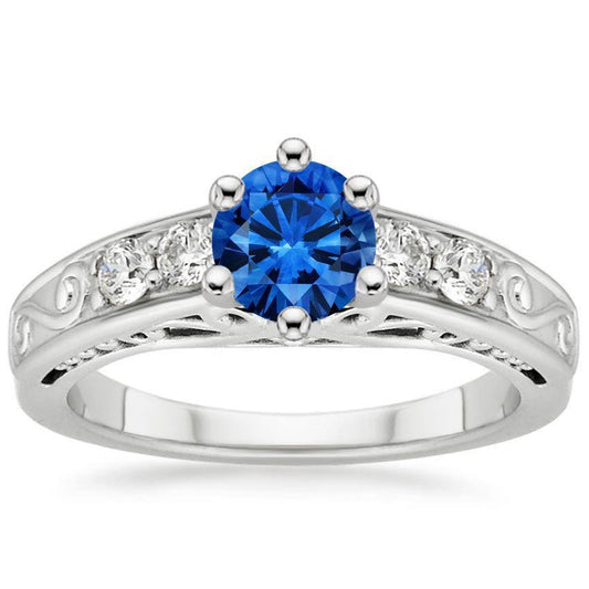 2.60 Carats Round Ceylon Sapphire Diamonds Ring 14K White Gold