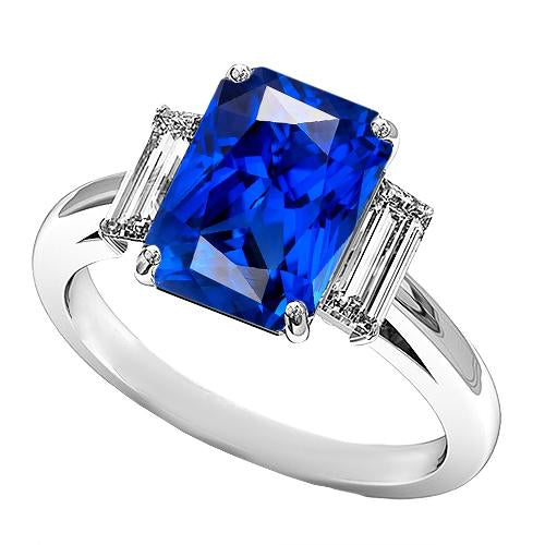 3 Carats Gemstone Ring Baguette Diamonds Radiant Cut Sapphire 3 Stone