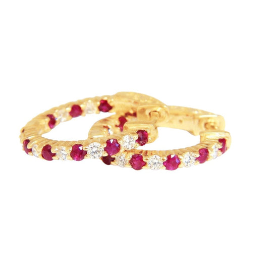 3 Carats Round Cut Ruby Diamond Hoop Earrings 14K Yellow Gold