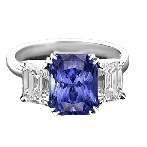 3 Carats Three Stone Emerald Diamond & Radiant Shape Sapphire Ring