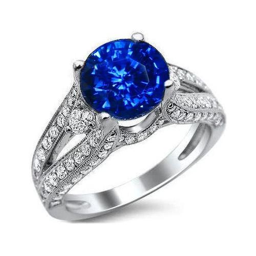 3 Ct Round Ceylon Sapphire And Diamond Ring Solid White Gold 14K
