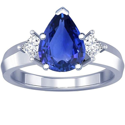 3 Stone Anniversary Ring Pear Ceylon Sapphire & Diamonds 3.50 Carats