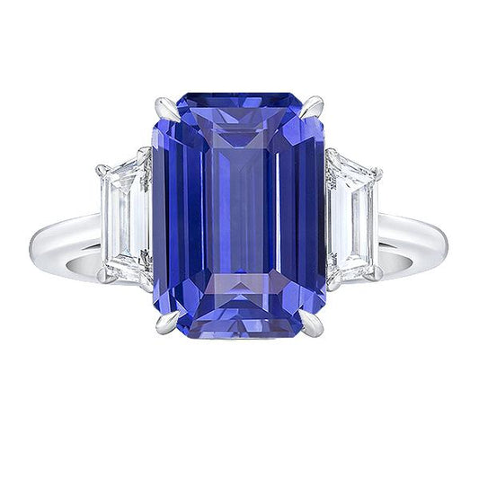 3 Stone Blue Sapphire Ring Emerald & Trapezoid Diamonds 3.50 Carats