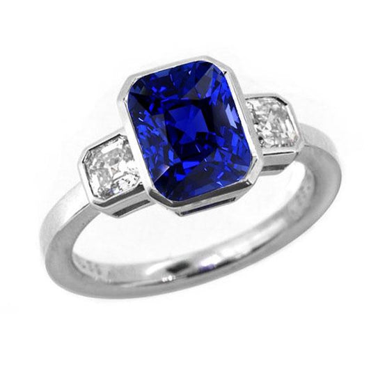3 Stone Cushion Bezel Set Blue Sapphire & Diamond Ring 3.50 Carats