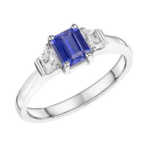 3 Stone Emerald Blue Sapphire Ring & Trapezoid Diamonds 1.50 Carats