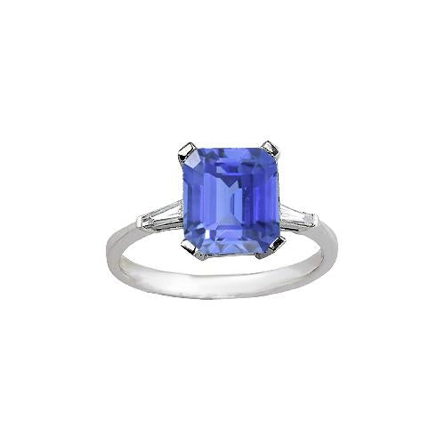 3 Stone Emerald Sapphire Ring & Tapered Baguette Diamonds 2.25 Carats