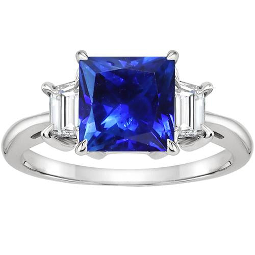 3 Stone Gold Ring Princess Blue Sapphire & Trapezoid Diamonds 4 Carats