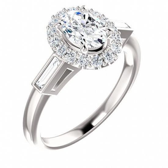 3 Stone Oval & Baguette Engagement Ring 1.30 Carats White Gold 14K