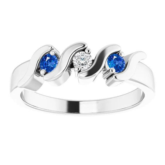 3 Stone Ring 0.90 Carats Diamond Ceylon Blue Sapphire White Gold 14K