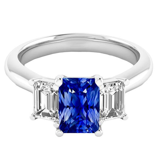 3 Stone Ring Emerald Diamonds & Radiant Deep Blue Sapphire 2.50 Carats