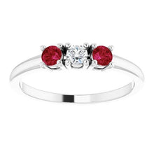 3 Stone Ring Round Diamond Ruby 0.60 Carats White Gold 14K