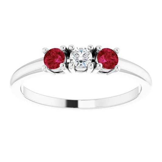 3 Stone Ring Round Diamond Ruby 0.60 Carats White Gold 14K