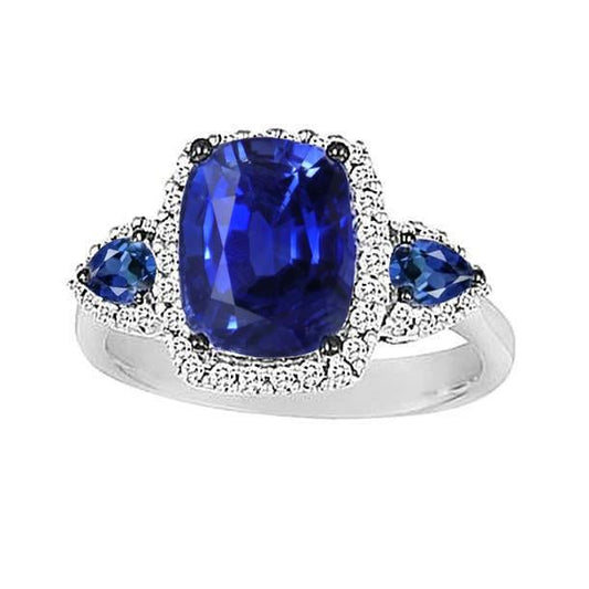 3-Stone Style Cushion Ceylon Sapphire Diamond Ring Gold 7.25 Carats