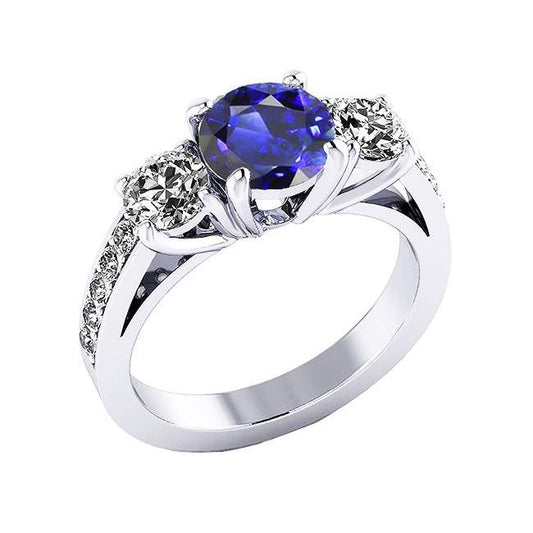 3 Stone Style Diamond Ring Round Ceylon Sapphire 2.50 Carats White Gold