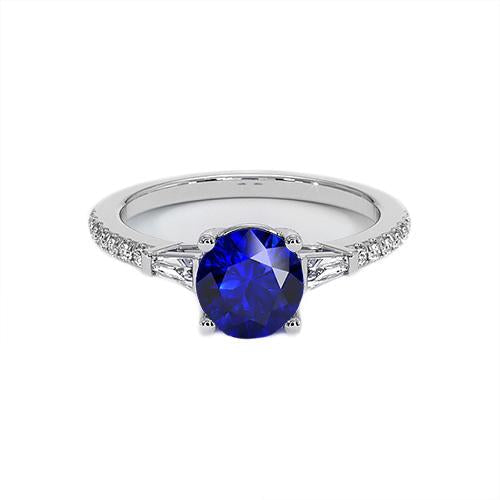 3 Stone Style Genuine Round Diamond & Blue Sapphire Ring 5 Carats