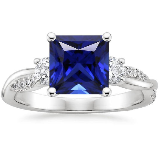 3 Stone Style Princess Cut Ceylon Sapphire Ring With Diamonds 6 Carats