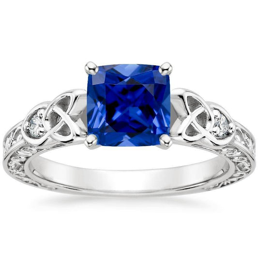 3 Stone Vintage Style Blue Sapphire Ring Round Diamonds 2.50 Carats
