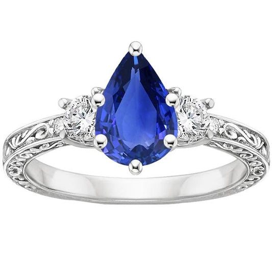 3 Stones Ring Antique Style Pear Blue Sapphire & Diamonds 3.50 Carats