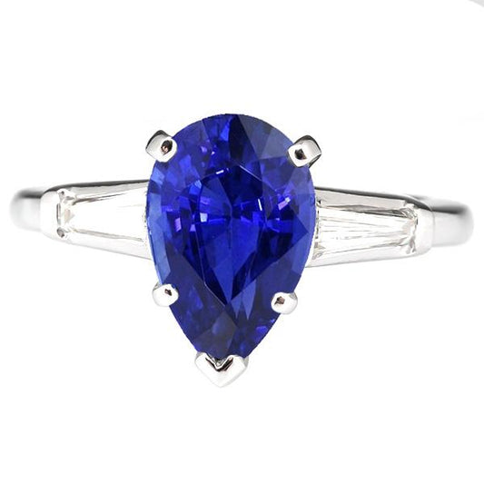 3 Stones Ring Pear Ceylon Sapphire & Baguette Diamonds 4.50 Carats