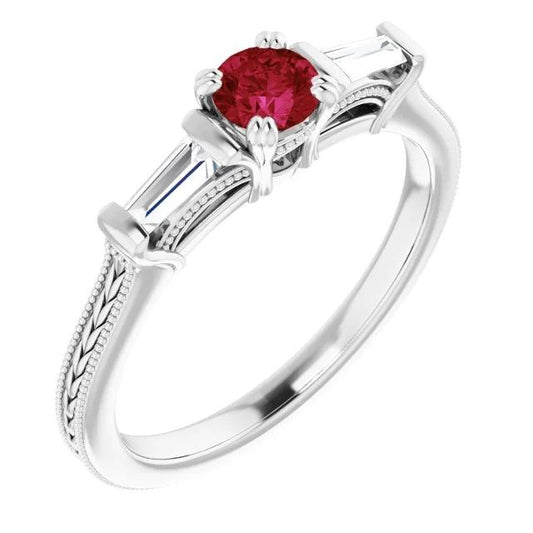 3 Stone Diamond Ruby Ring Vintage Style 2 Carats Milgrain Jewelry