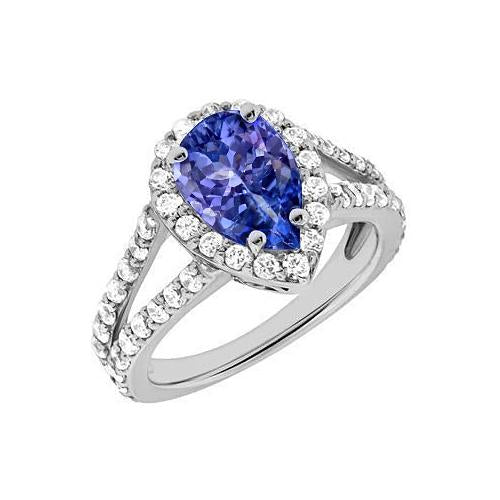 3.25 Ct Blue Pear Cut Tanzanite With Diamond Ring Lady Men Gold