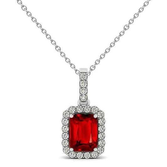 3.30 Carats Red Ruby Emerald Cut With Diamond Pendant Gold 14K