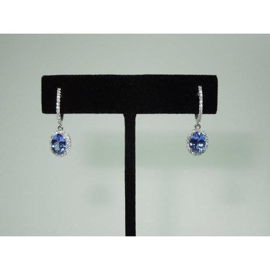 3.64 Carat Oval Tanzanite & Round Diamonds Dangle Hoop Earrings