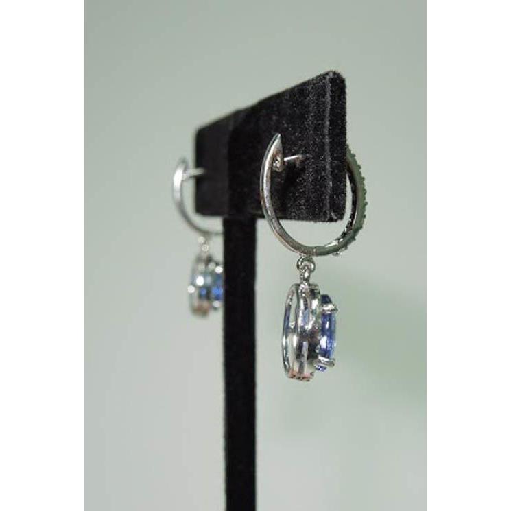 3.64 Ct Oval Ceylon Sapphire & Round Diamonds Dangle Hoop Earrings