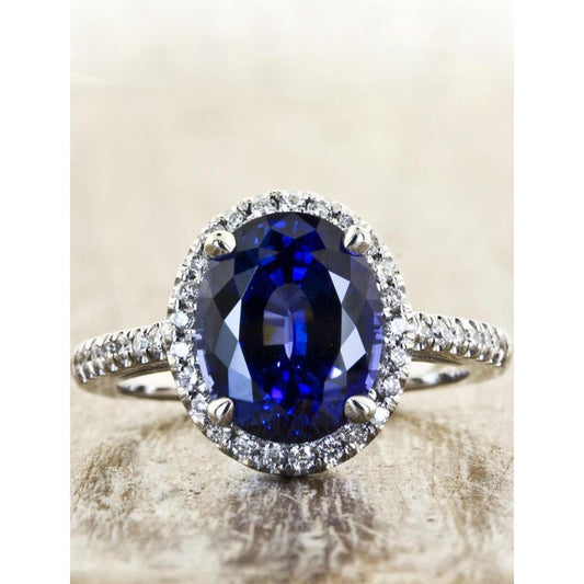 3.75 Carats Oval Ceylon Sapphire With Round Diamonds Engagement Ring