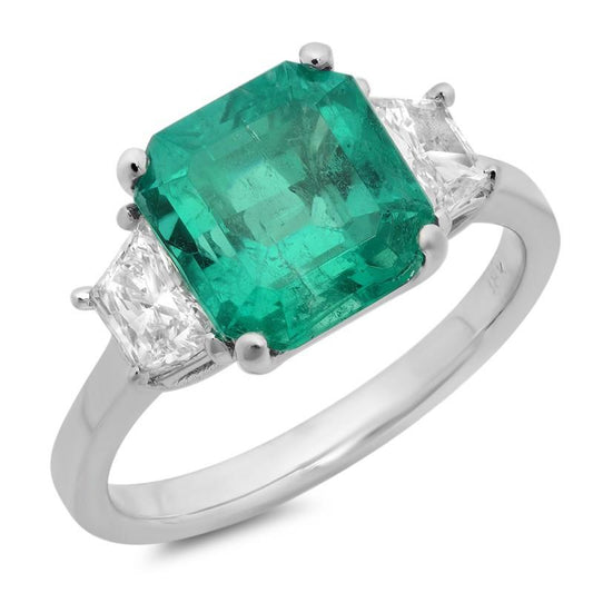4.25 Carats Green Emerald Diamond Three Stone Ring White Gold 14K New