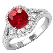 4.35 Ct Halo Ruby And Diamonds Ring Split Shank White Gold 14K