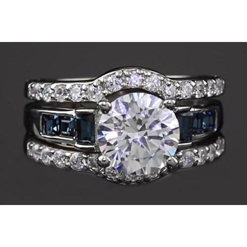 4.50 Carats Engagement Ring Set Round Diamonds & Blue Green Sapphire