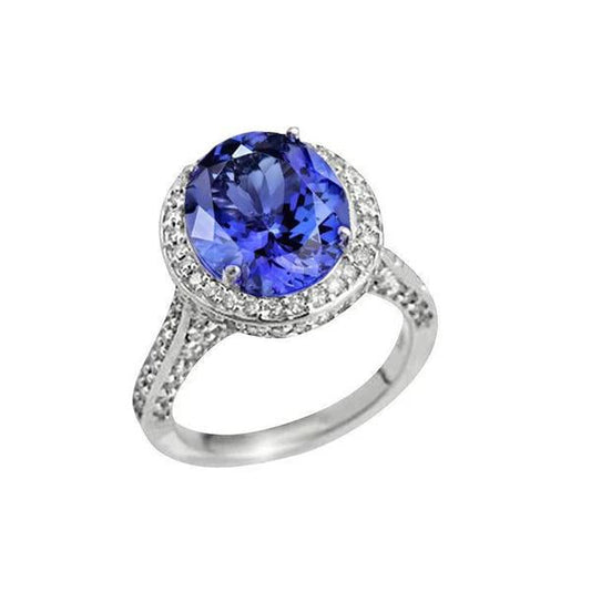 4.50 Carats Tanzanite Diamond Ring Oval Halo Setting