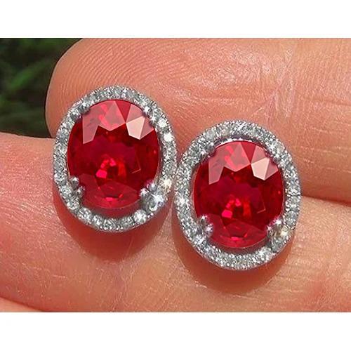 5.12 Carats Red Ruby With Diamond Stud Lady Earring White Gold 14K