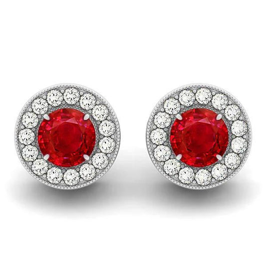 5.50 Carats Round Cut Ruby With Diamonds Halo Studs Earrings