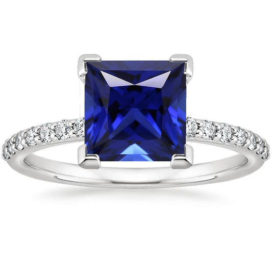 5.50 Carats Solitaire Princess Blue Sapphire With Accents Pave Setting