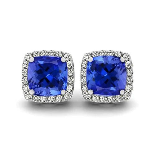 5.90 Carats Tanzanite And Diamonds Studs Earrings 14K White Gold